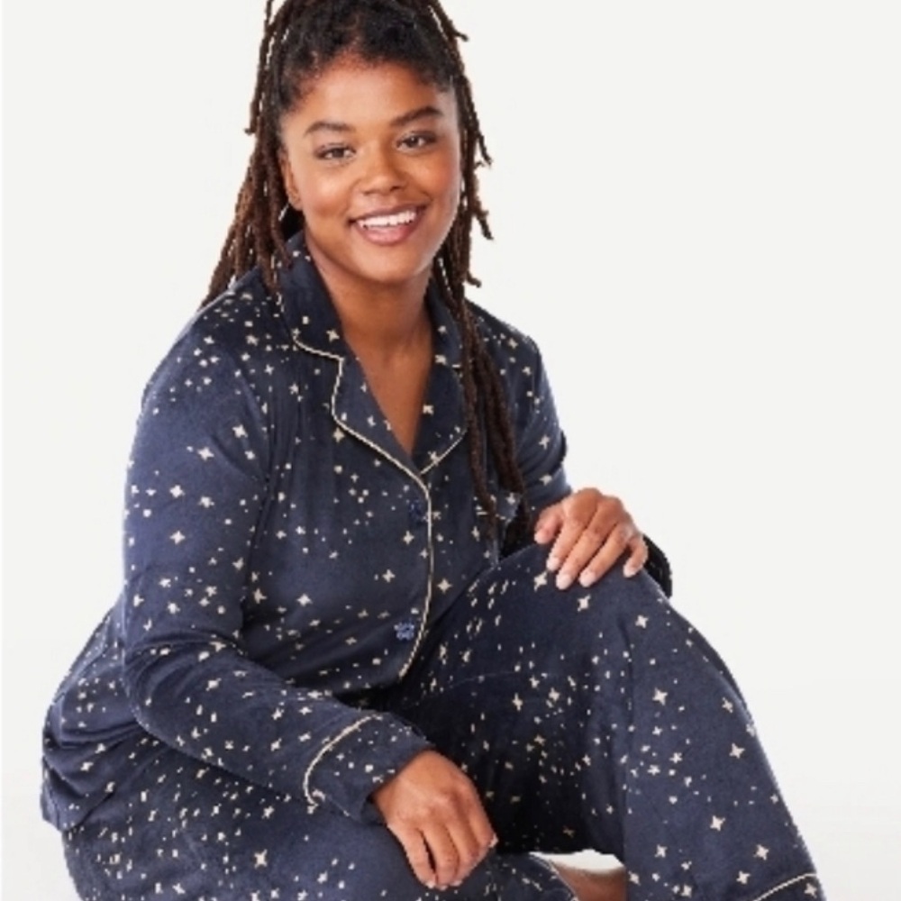 Womens Stretch Velour Notch Collar Top With Pants Pajamas Size XL